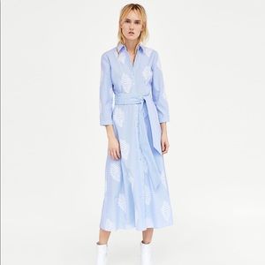 Zara Striped Embroidered Midi Tunic Shirtdress Blue White Leaves